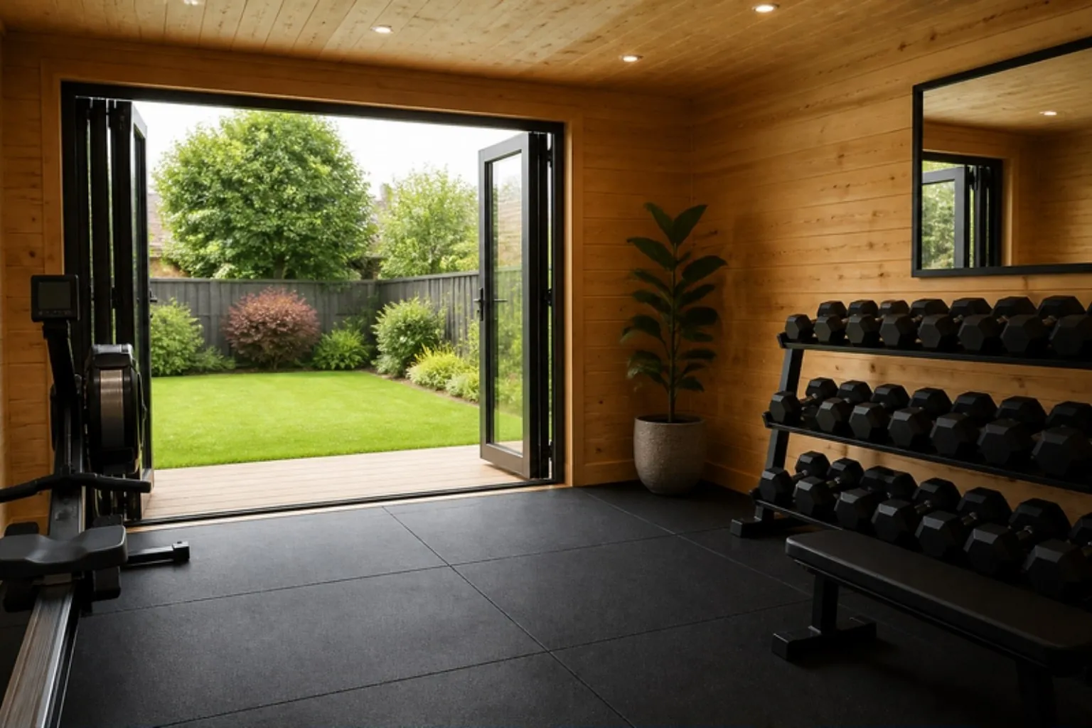 Timber-lined garden gym with a rubber floor, rowing machine, dumbbell rack and doors open to the lawn