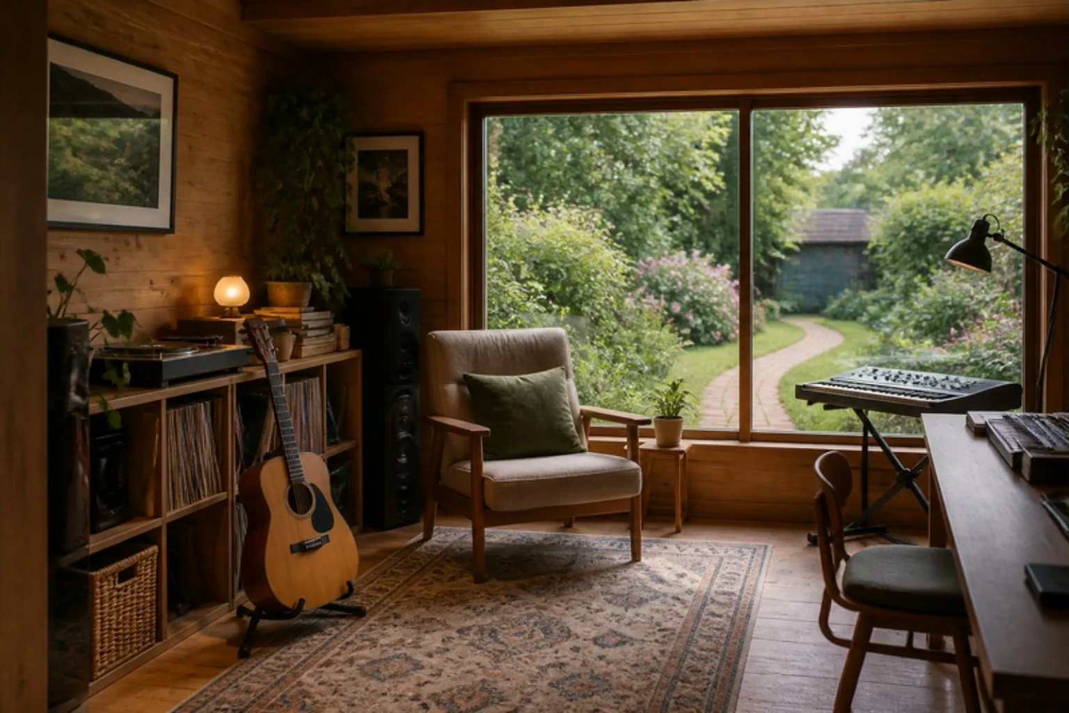 Wood-lined garden music room with a guitar, record player and armchair by a garden window