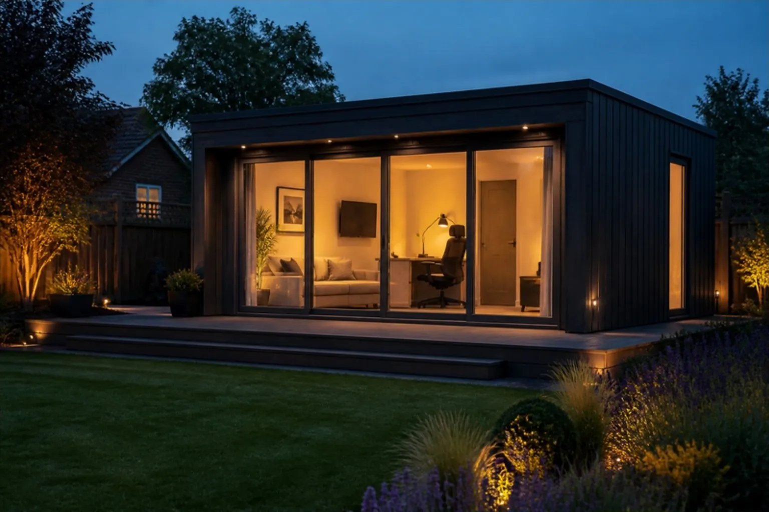 Dark-clad garden room at dusk with warm light through sliding glass doors and lit planting