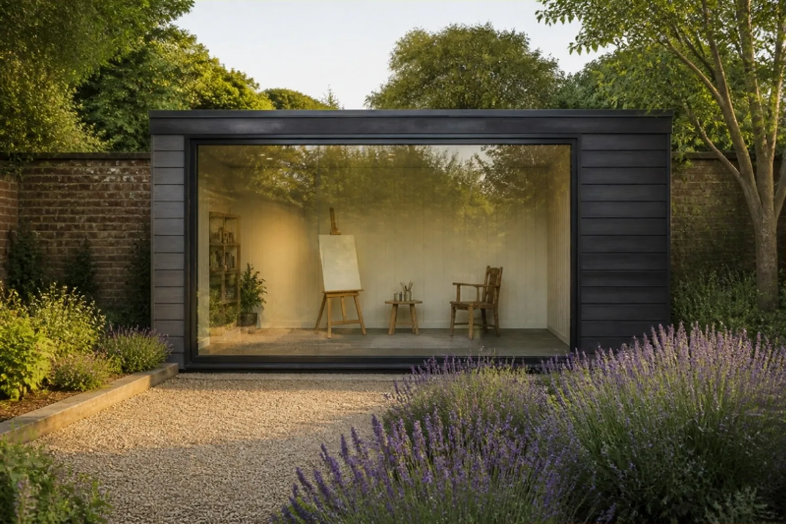 Glass-fronted garden studio with charcoal side cladding, gravel and lavender in a walled garden