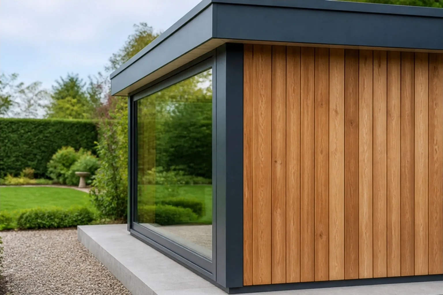 Corner of a garden room where an anthracite window frame meets vertical larch cladding on a raised base