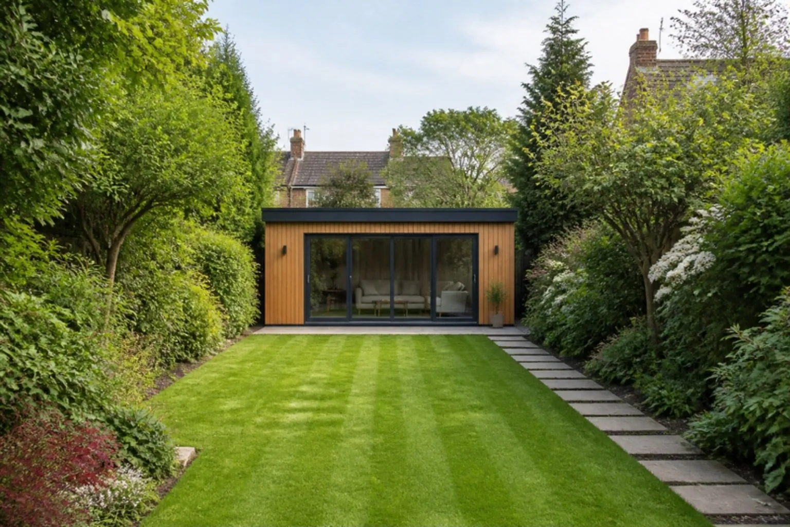 Cedar-clad garden room with an anthracite frame and glazed doors at the end of a long striped lawn