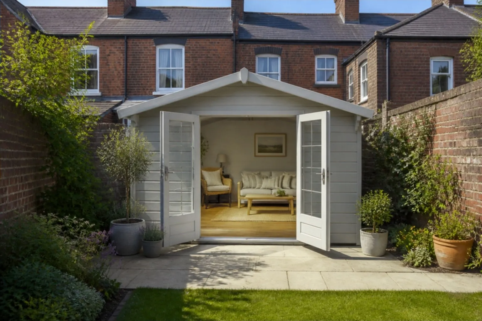 Pale grey summer house with open French doors behind a red brick terraced house